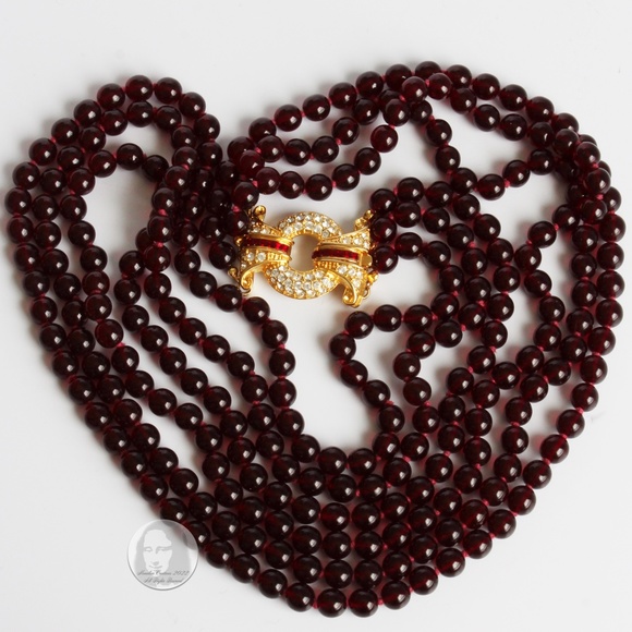 Nolan Miller Necklace Multistrand Red Glass Beads Rhinestones Clasp Vintage 80s - Picture 8 of 10